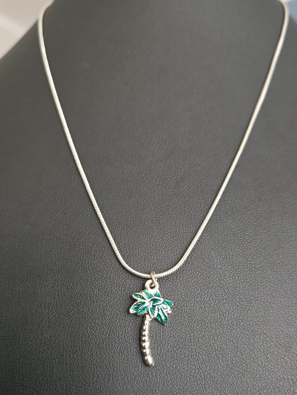 Palm Tree Pendant Necklace - Green and Silver